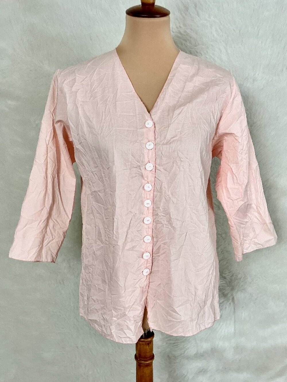 Noblu Pink Crinkle V-Neck Button Front Artsy Lagenlook Blouse M